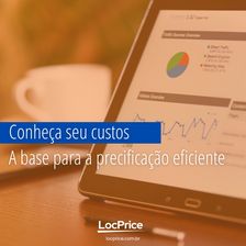 Imagem com tom alaranjado mostrando um tablet sobre uma mesa de madeira, exibindo gráficos e dados em uma tela com gráficos de pizza e linhas. Em destaque, há o texto: “Conheça seu custos. A base para a precificação eficiente”. Na parte inferior está o logotipo da LocPrice e o site “locprice.com.br”. Ao fundo, desfocado, há uma xícara branca.