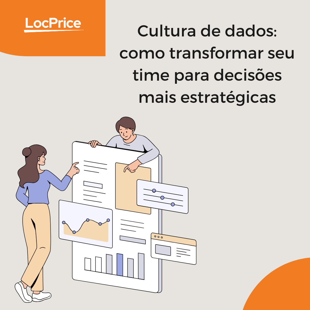 Duas pessoas analisando gráficos e dados em uma tela grande, representando cultura de dados e tomada de decisão estratégica.