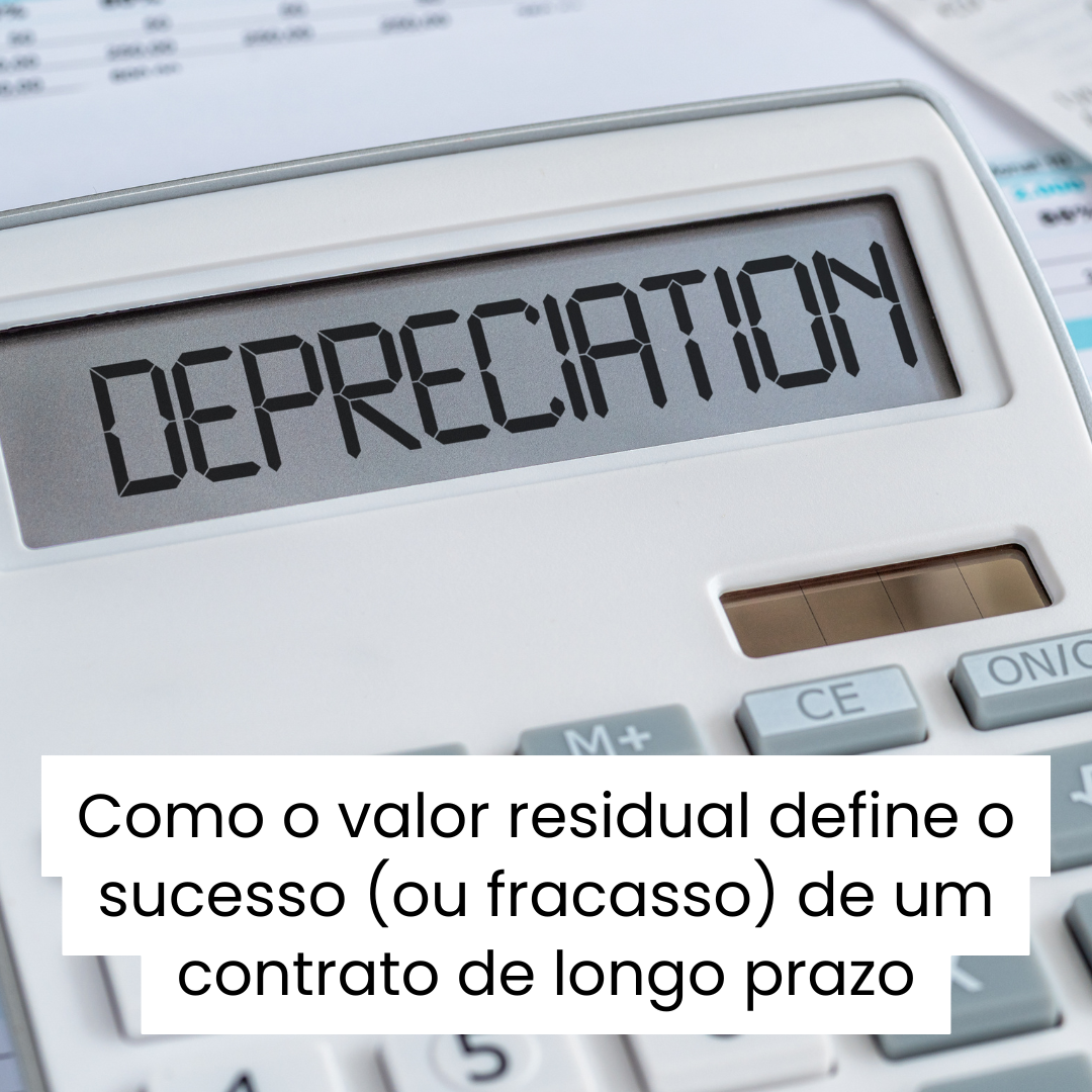 Calculadora escrito Depreciation, representando o impacto do valor residual na locação de longo prazo.