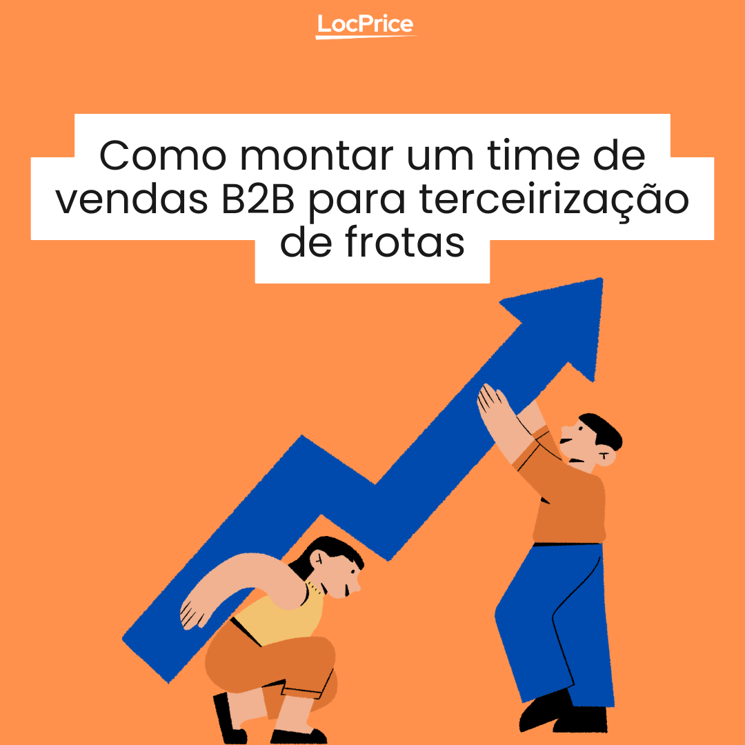 Ilustração com fundo laranja de dois vendedores erguendo uma seta azul apontando para cima, representando o crescimento do time de vendas B2B em empresas de terceirização de frotas.