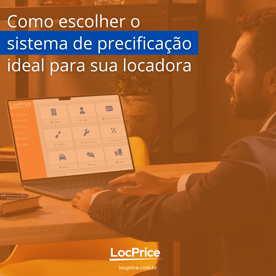 Empresário observa a tela de um notebook com o sistema LocPrice aberto, ilustrando a escolha de um sistema de precificação moderno e funcional.