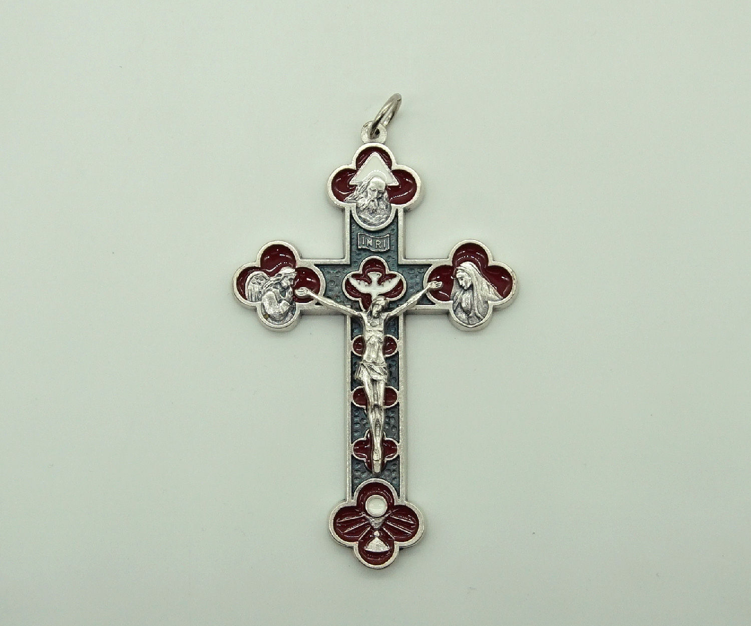 CRUZ TRINIDAD ESMALTADA PLATEADA ROJA.