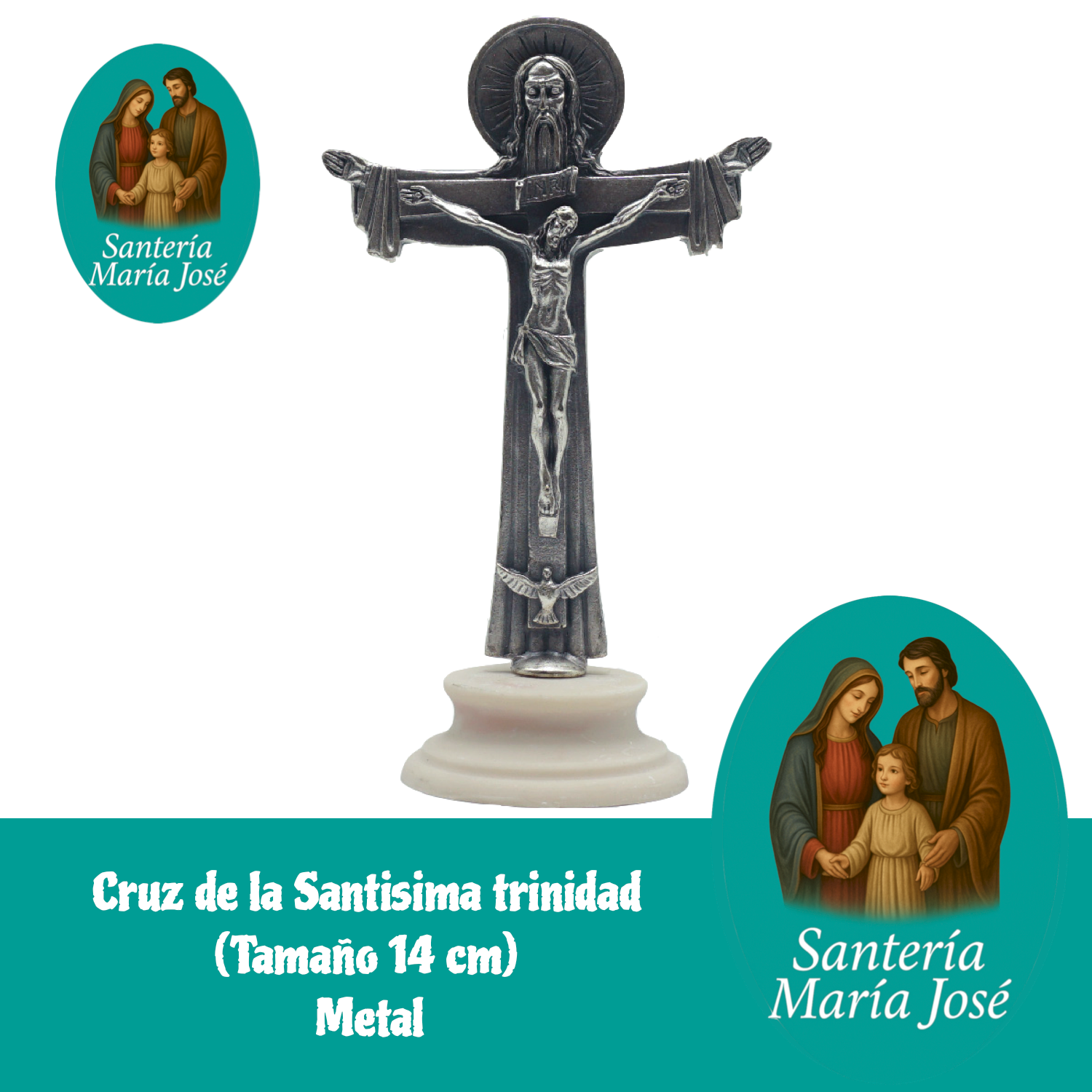 cruz metal plateada con base resina  santisima trinidad