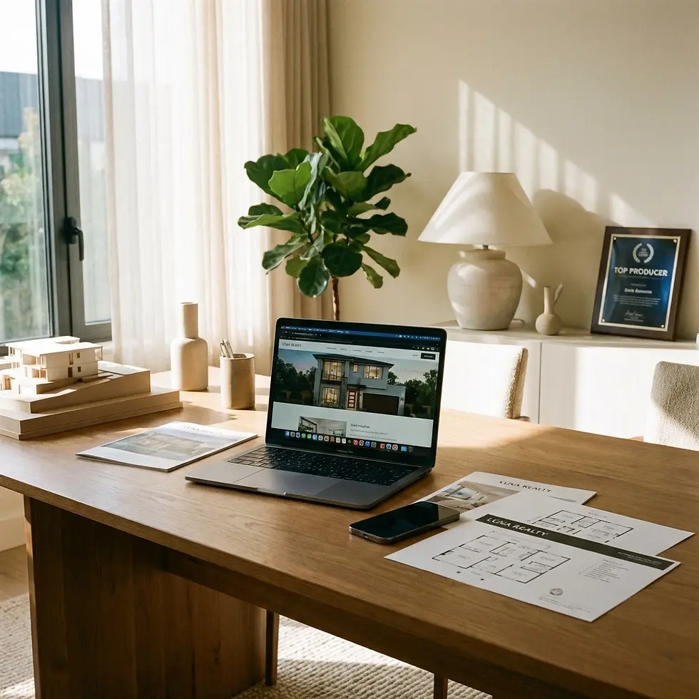 A serene workspace featuring a laptop displaying architectural designs, complemented by floor plans and a scale model, set on a sunlit wooden desk with decorative elements and a "Top Producer" award in the background.