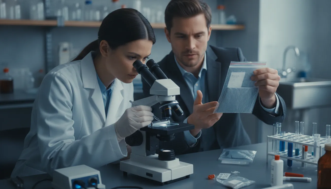 Forensic specialist examining evidence with a defense attorney