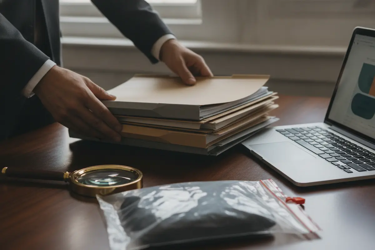 Evidence folders and digital media arranged for a defense review