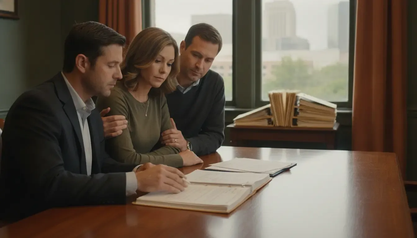 Family speaking with an attorney while organizing case information