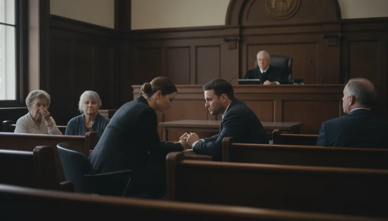 Defense lawyer and defendant at an Arkansas courtroom hearing