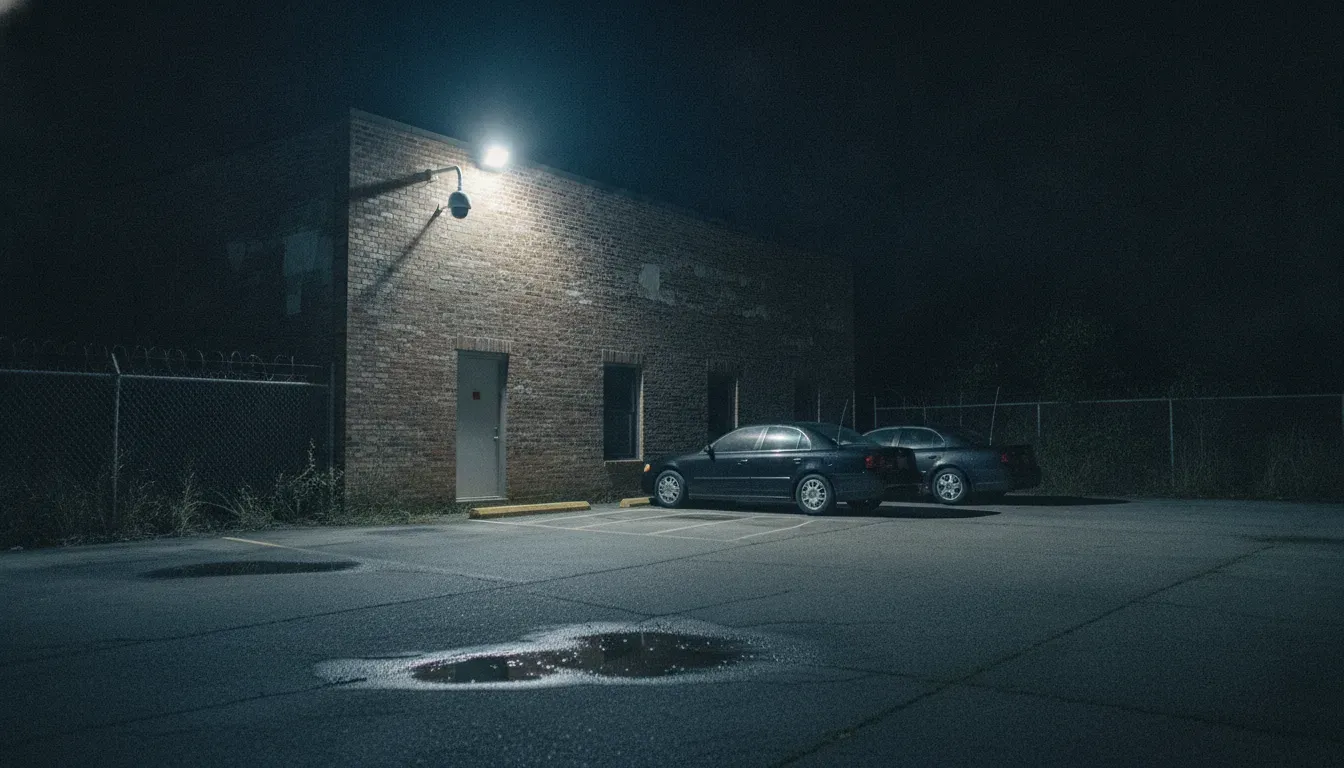 Security camera overlooking a parking area during an alibi investigation