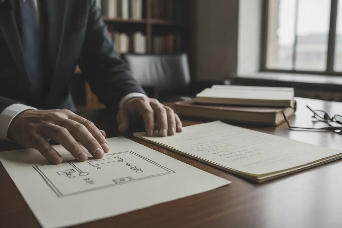 Case notes and a scene diagram being reviewed during a homicide defense investigation