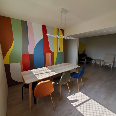 Dining room,Lightweight partition walls, painted, wooden floors
