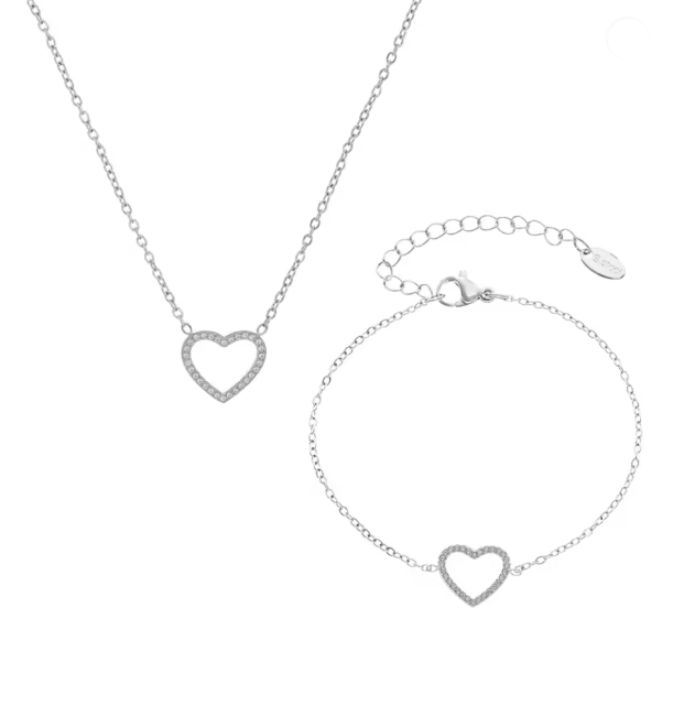 Thumbnail: Gold and Silver Open Heart Necklace and Bracelet Set by Norvyn Jewel