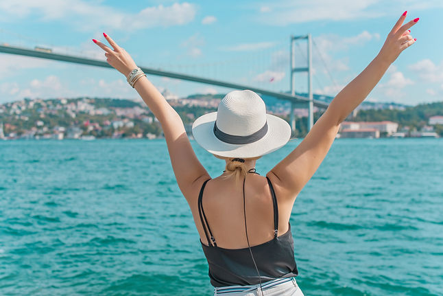 Travelling and vacation concept, lady at city streets in Istanbul. Landscape views, scene 