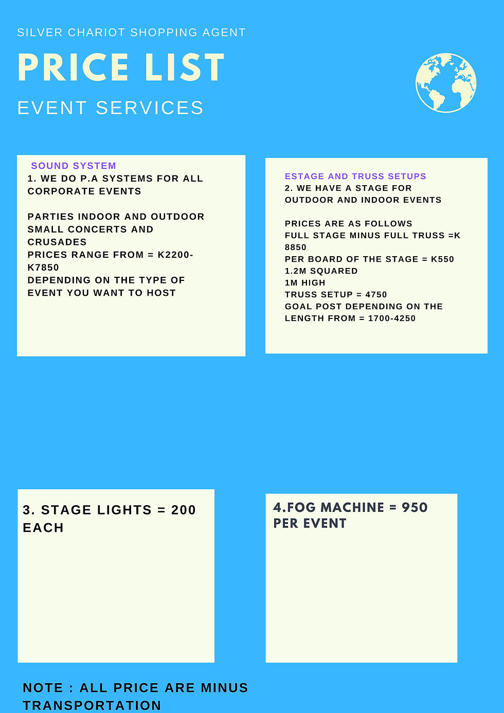 Events Price List