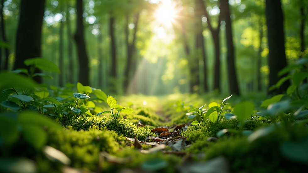 Eye-level view of a lush green forest with sunlight filtering through the leaves