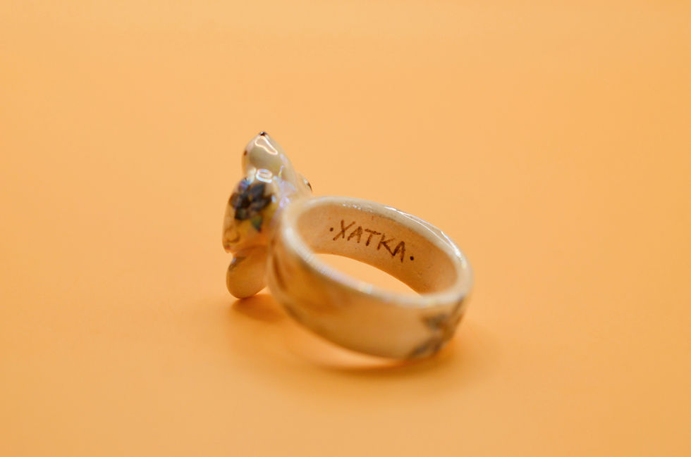 Thumbnail: Close-up of hand-painted ceramic bird ring detail