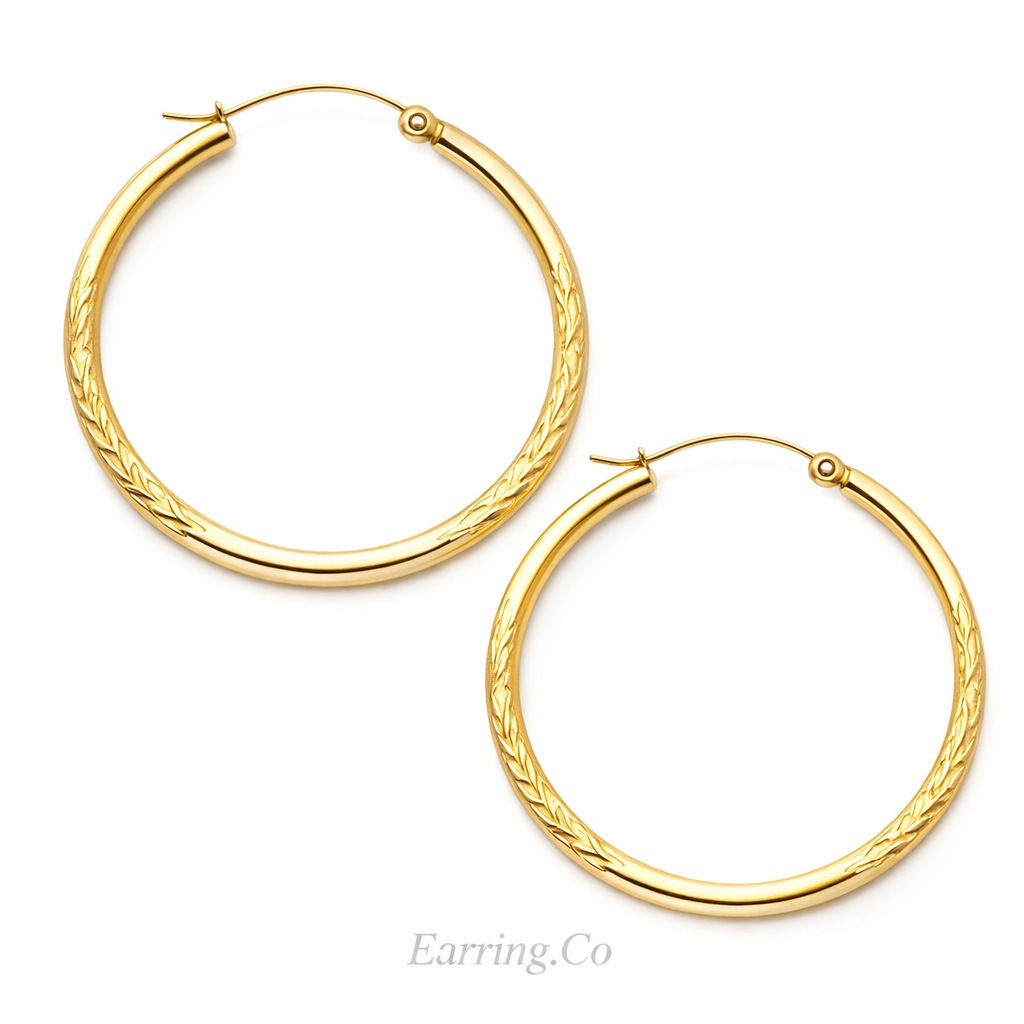 14K Yellow Gold 2mm x 30mm Diamond Cut Hoop Earrings.