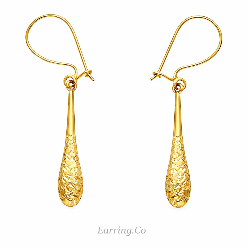 14K Yellow Gold 35mm Hollow Diamond Cut Teardrop Earrings.