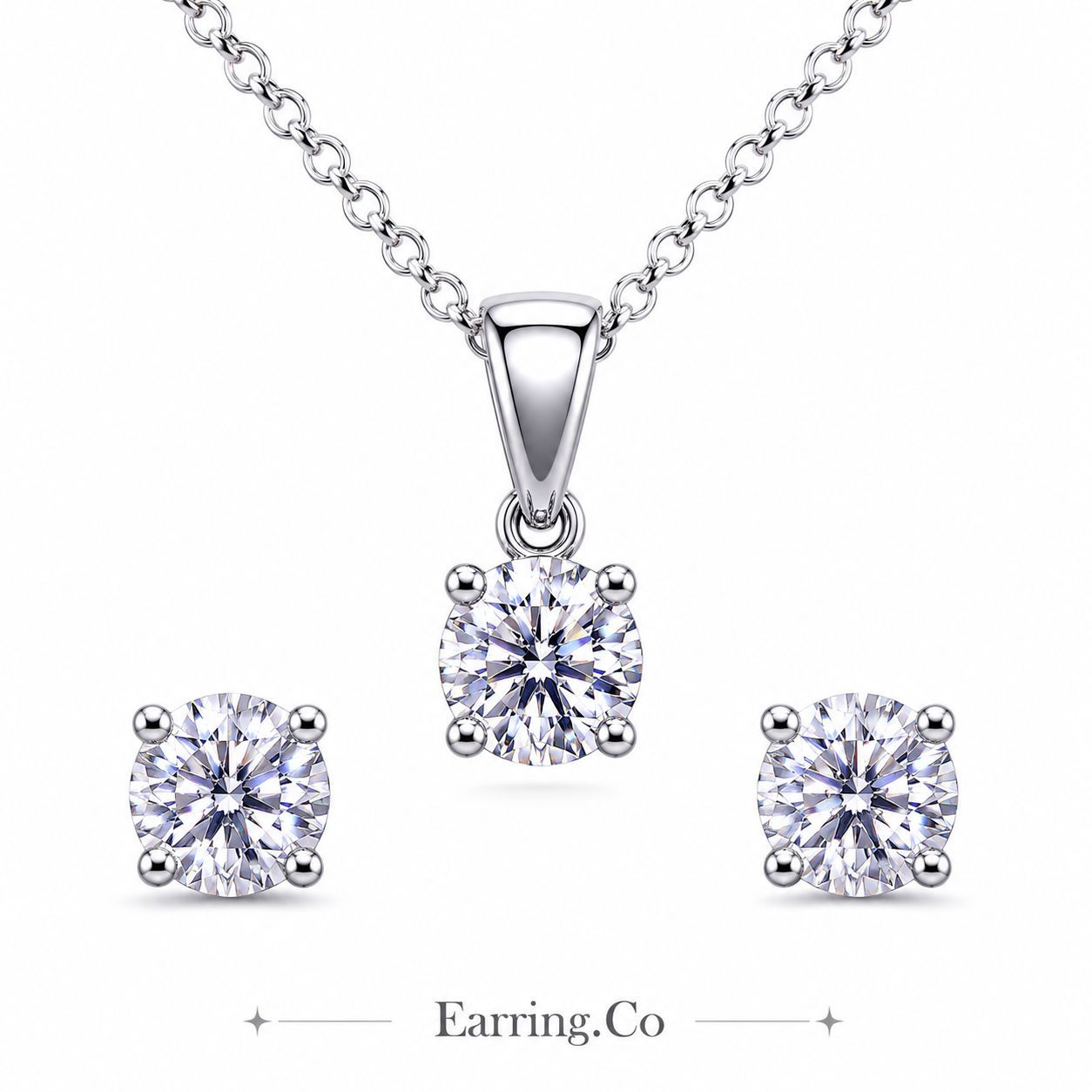 925 Sterling Silver Rhodium Plated 5mm Clear CZ Earrings and Necklace Set