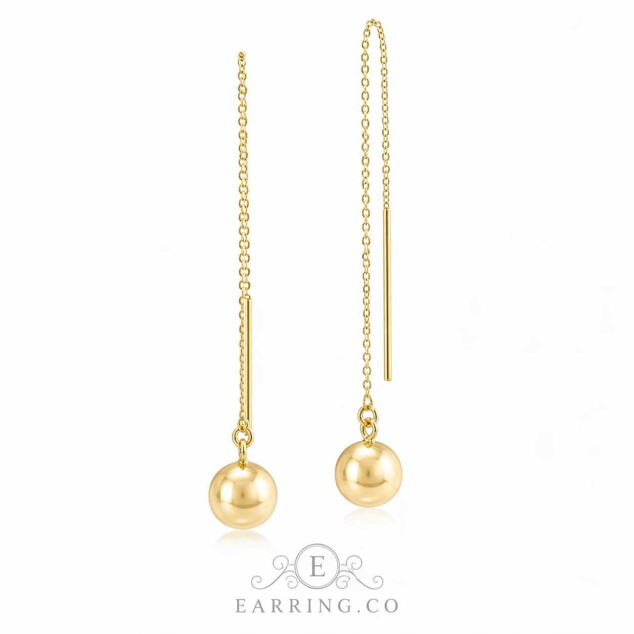14K Yellow Gold 90 × 6mm Ball Threader Drop Earrings 6mm Bead Lightweight