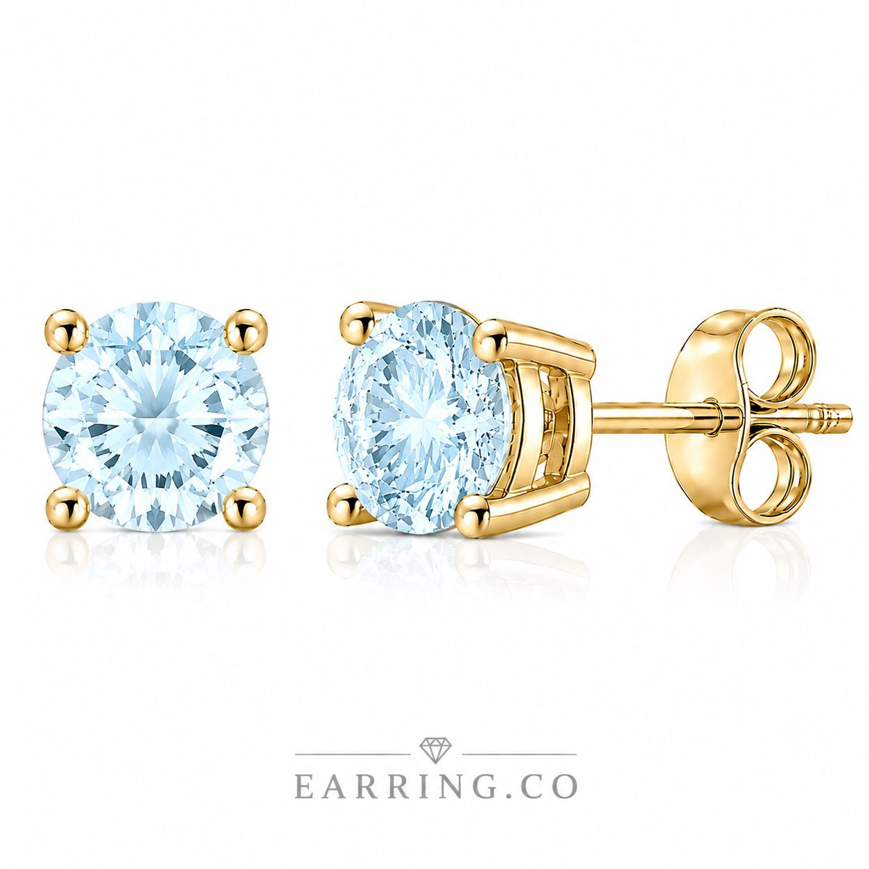 Sterling Silver Yellow Gold Plated 6mm Round Aquamarine CZ Basket Stud Earrings