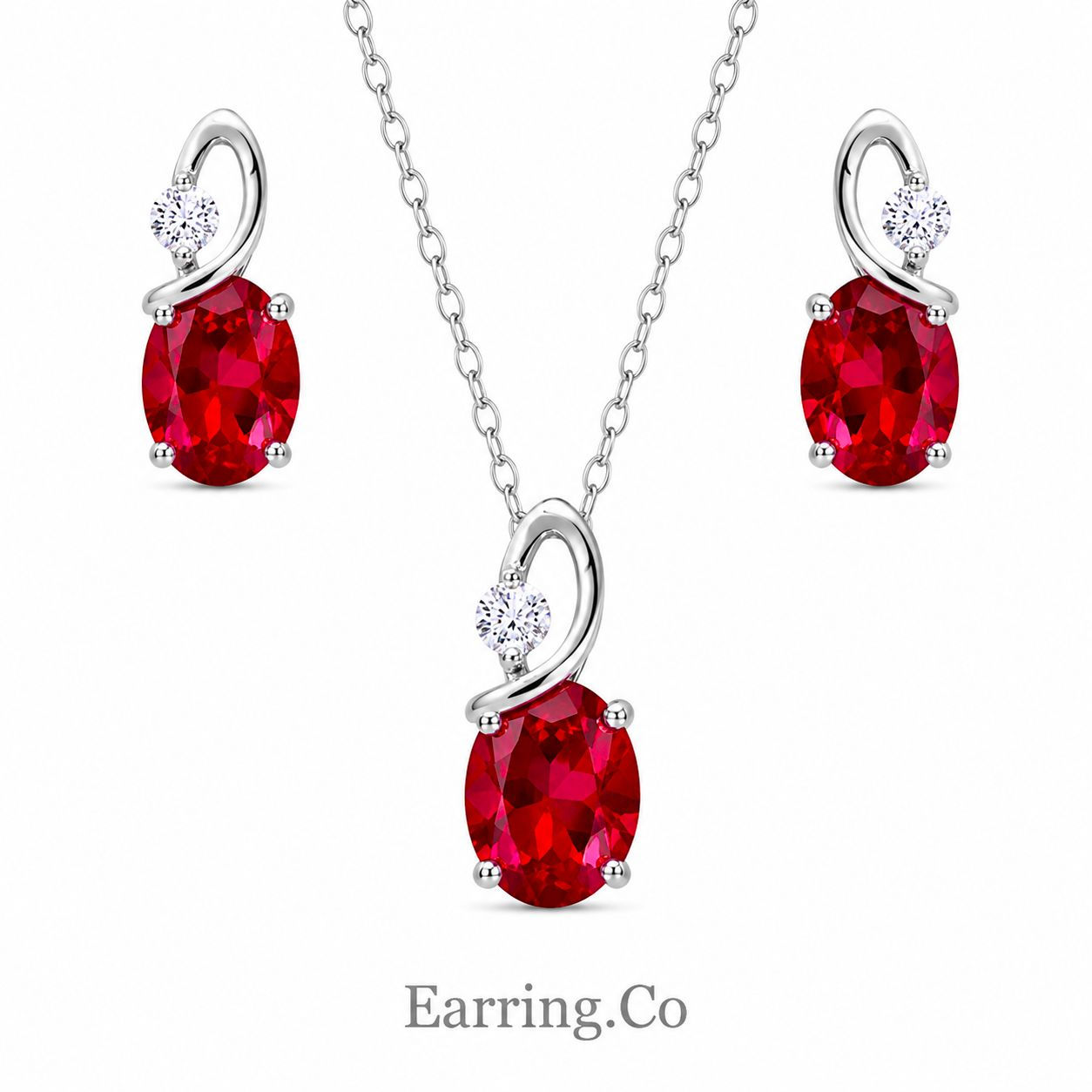 925 Sterling Silver Rhodium Plated Garnet Twisted Oval Necklace & Earring set