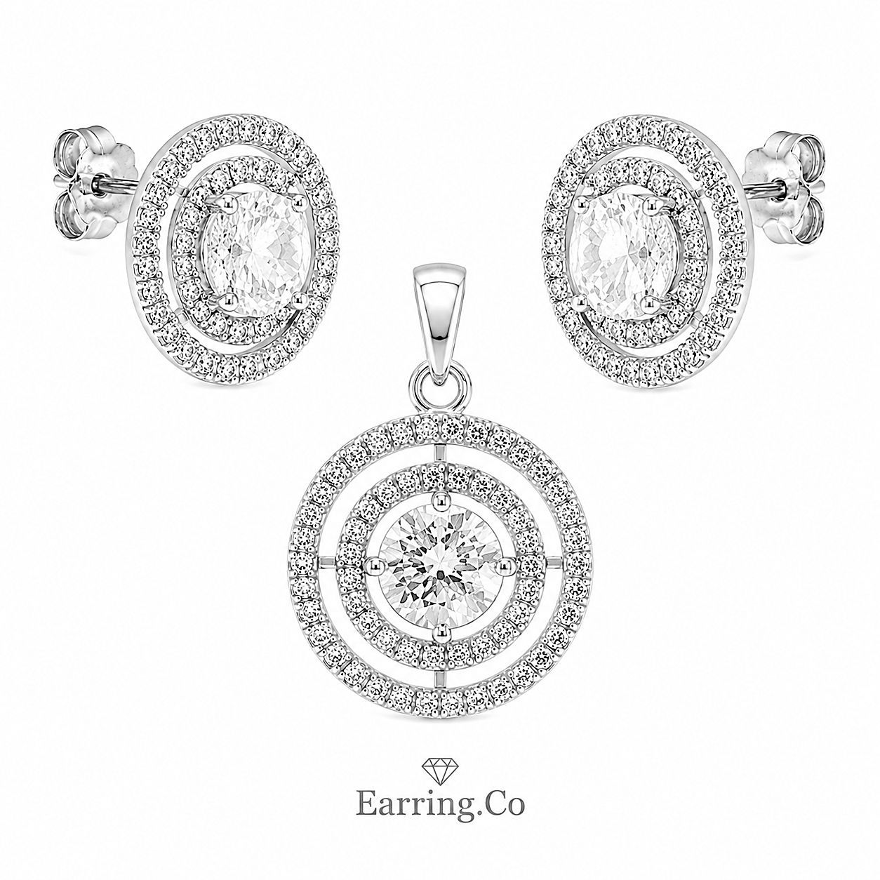 925 Sterling Silver 6mm Round CZ Pave Earrings & Pendant Set