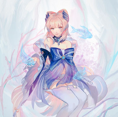 genshin impact kokomi fan art illustration digital painting art by mikavey mikavvvi girl underwater surrounded by glowing fishes and corals beautiful colors 