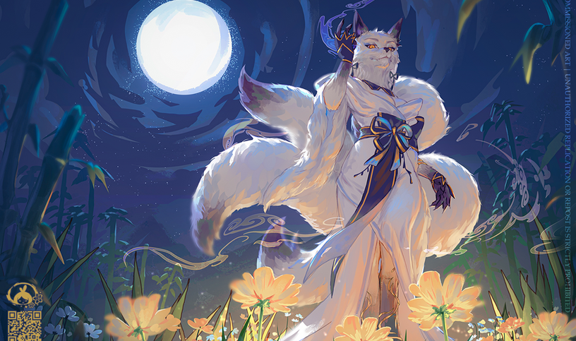 Commissioned Dungeons and Dragons DnD Furry Anthropomorphic Character by Mikavey mikavvvi featuring a kitsune fox-lady walking under moonlight sky in a field of glowing yellow flowers and bamboos
