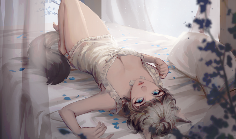 Nanasae vtuber commissioned illustration by Mikavey Mikavvvi featuring a nekomimi girl lying on a bed with petals while wearing a short nightgown