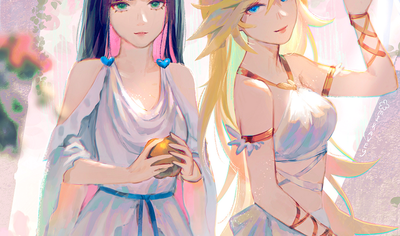 Panty and Stocking Anarchy from PSG Panty and Stocking with Garterbelt anime fan art illustration digital painting art by Mikavey Mikavvvi featuring 2 beautiful angel girls with blond hair and goth pink and blue hair holding apples