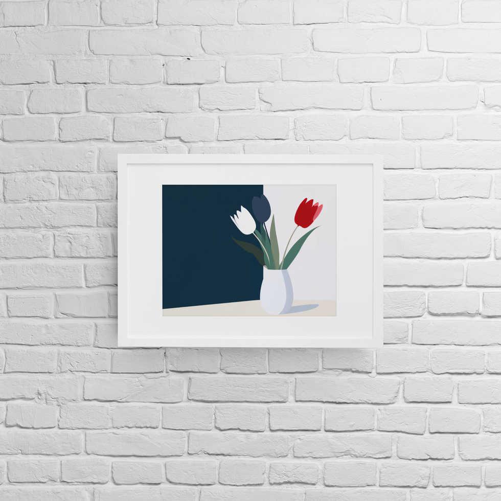 Modern Dutch tulip wall art featuring red white and blue flowers in a minimalist white vase illustration