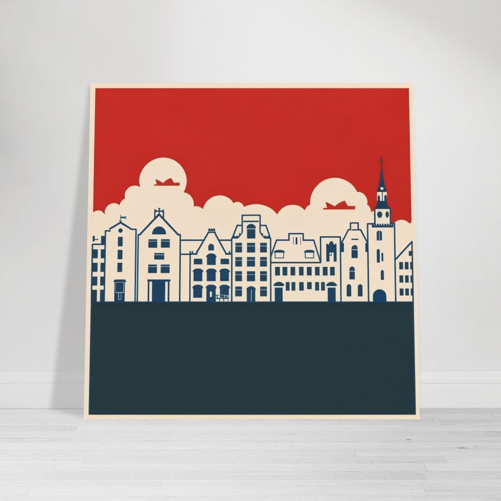 Minimalist illustration of traditional Dutch canal houses skyline in red white and blue Netherlands flag colours