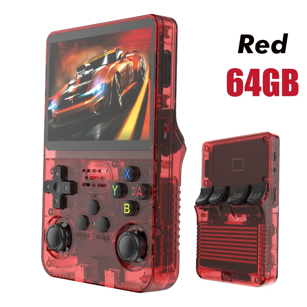 Red 64GB handheld game console displaying a car racing game on screen.