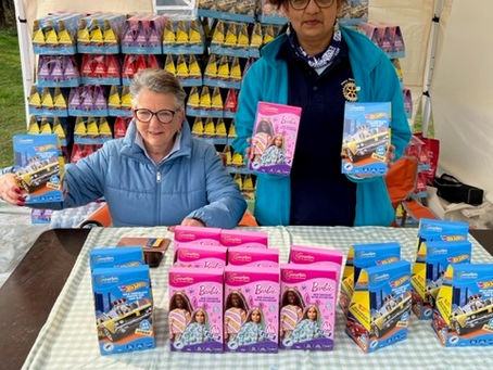 Bharti and Liz ready to hand out Easter eggs at the end of the trail.