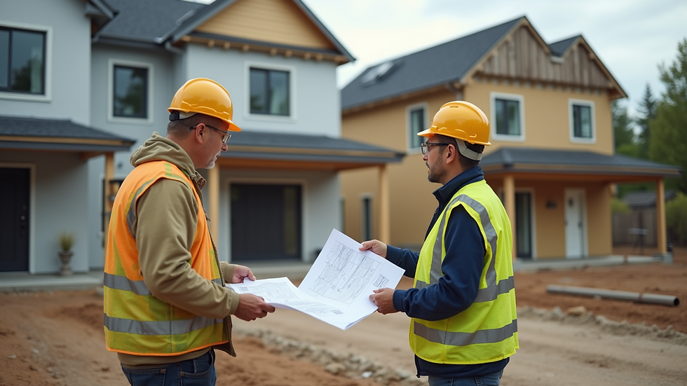 Eye-level view of a contractor discussing plans with a homeowner at a construction site