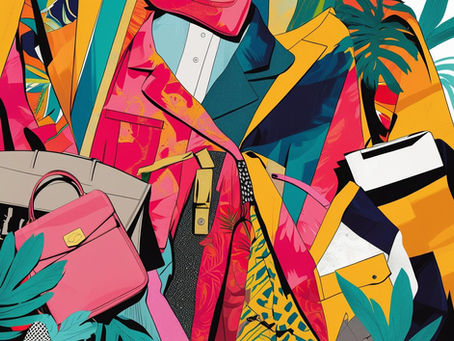 Bold Miami-inspired fashion illustration with tropical prints, vibrant blazers, handbags, and expressive personal style.