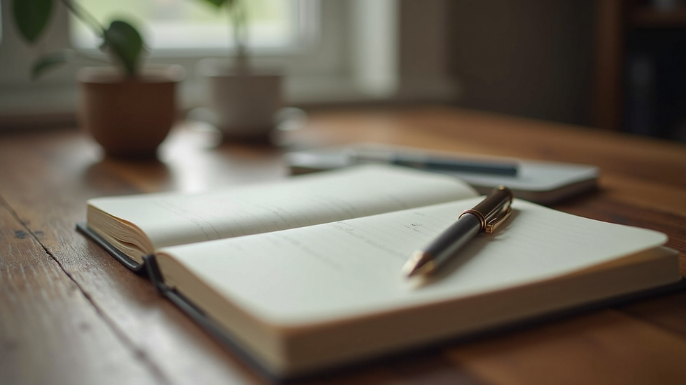 High angle view of a journal and pen on a wooden table for emotional reflection