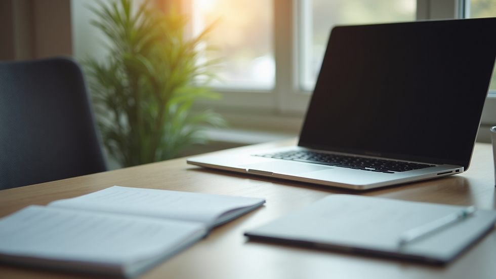 Close-up of a desk with decision-making tools like notes and a laptop