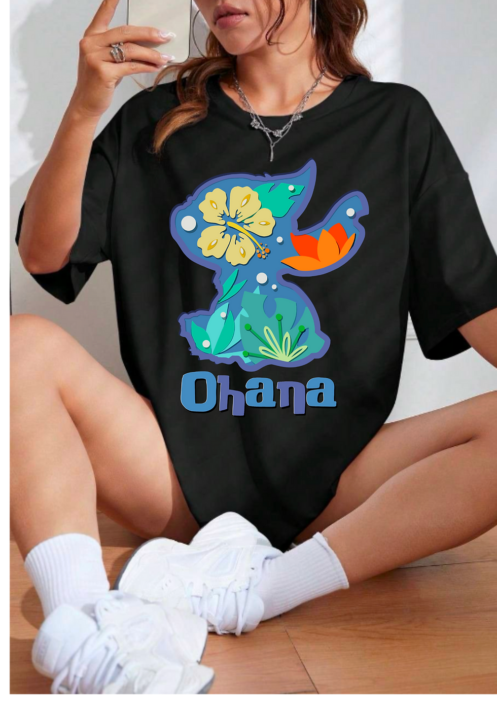 Thumbnail: Ohana Stitch T-Shirt, Stitch Cartoon Movie Sweatshirt, Hawaiian Flower Hoodie