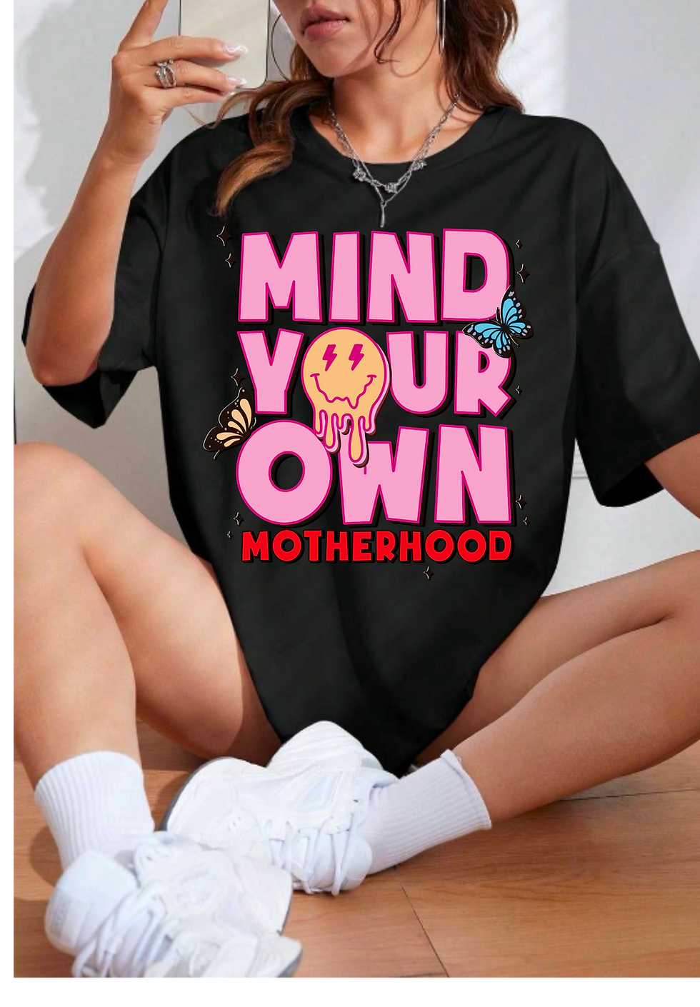 Thumbnail: Mind Your Own Motherhood Tee, Butterfly Sparkle Smiley Face Sweatshirt