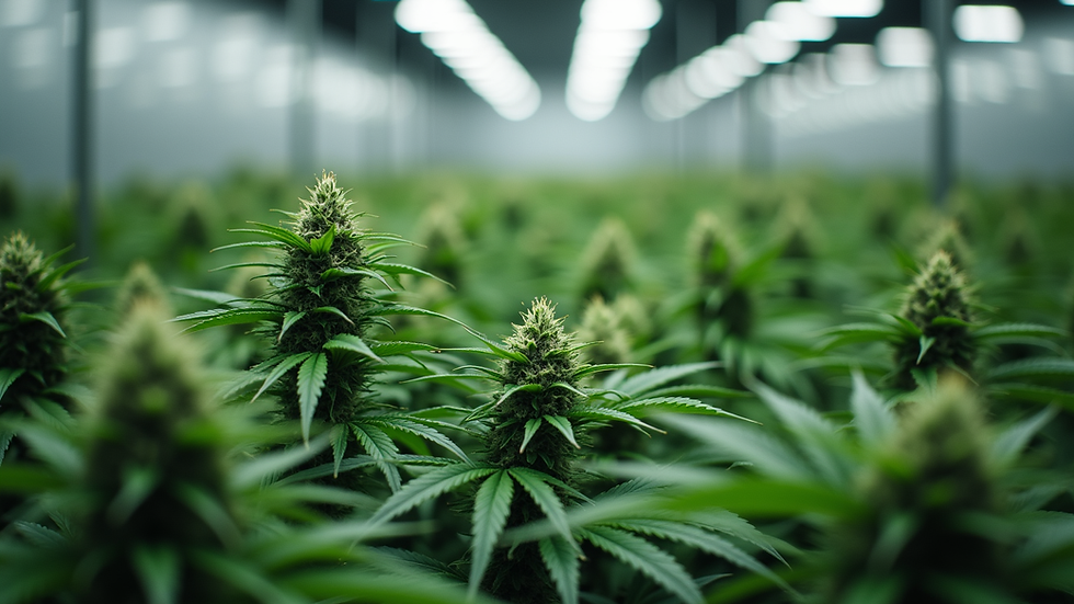 Eye-level view of a cannabis cultivation facility showcasing healthy plants