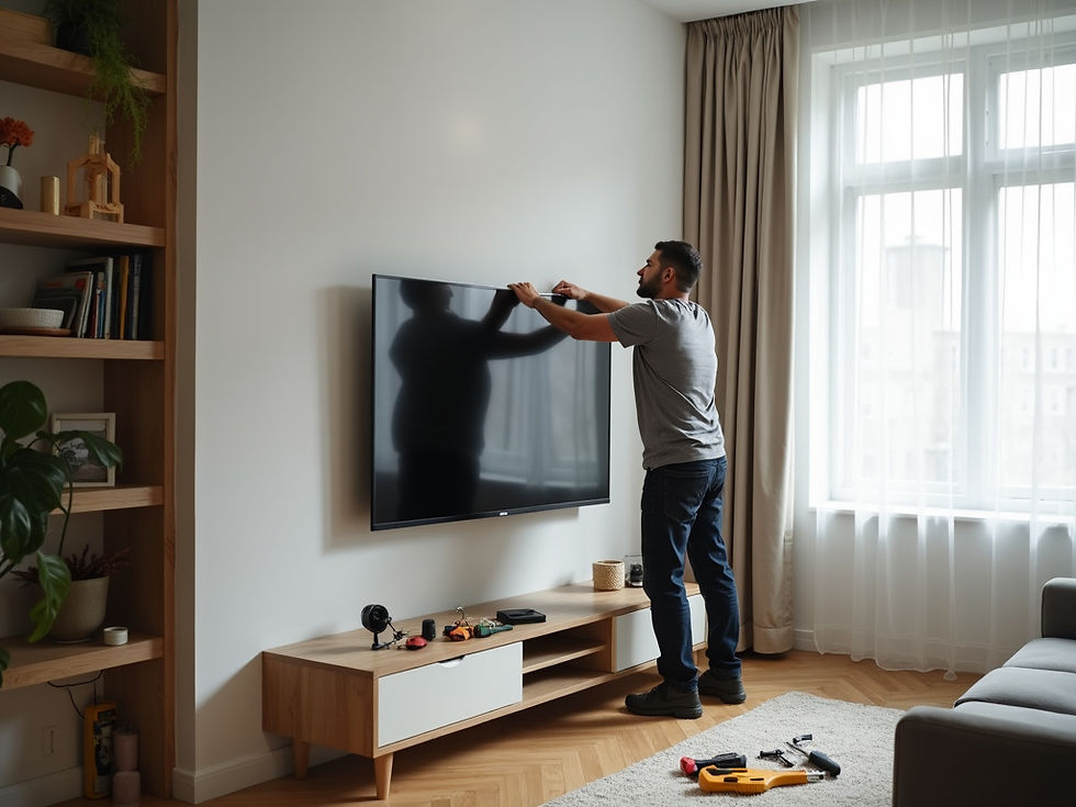 Eye-level view of a professional technician mounting a TV on a living room wall