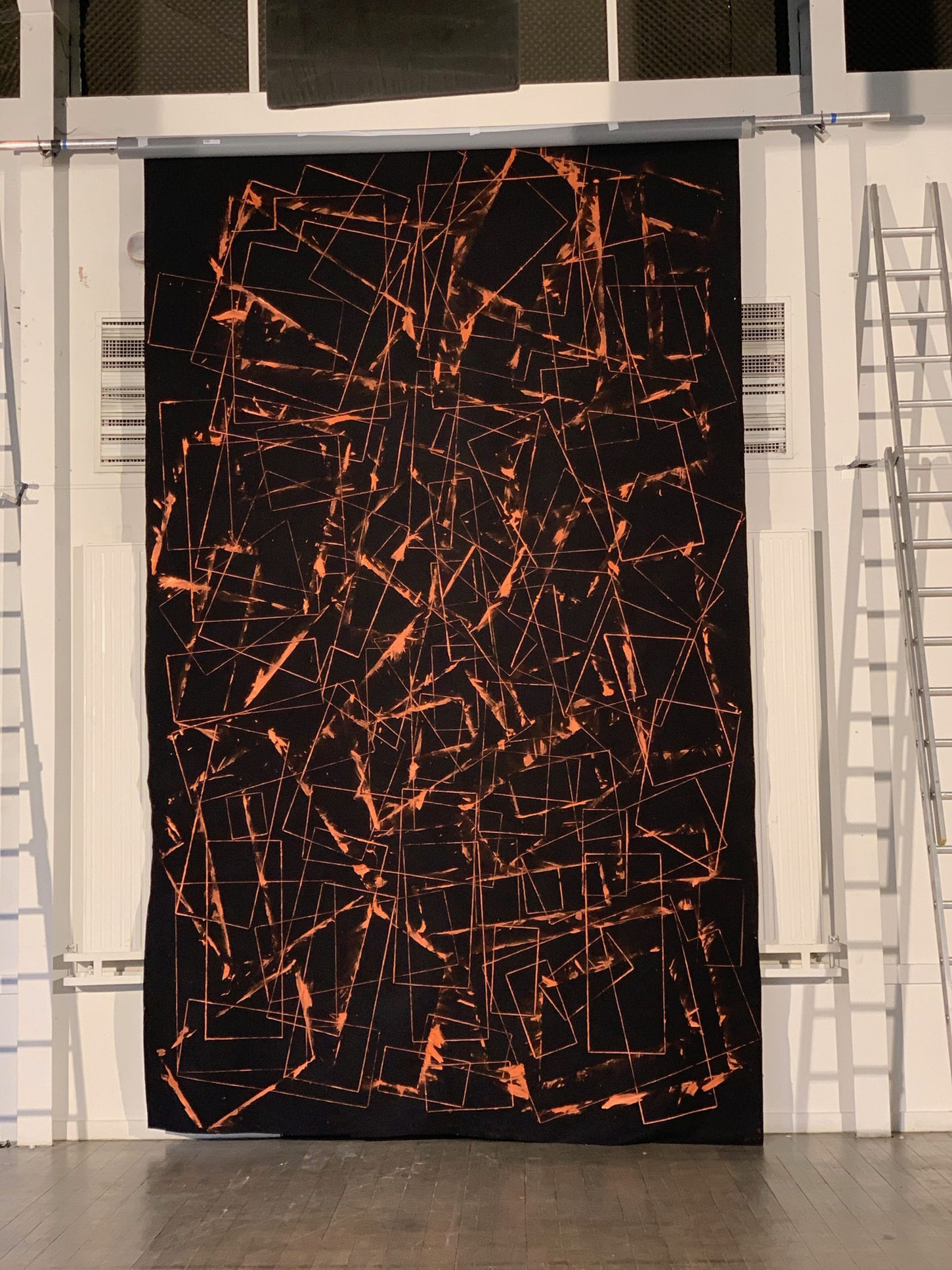 "The Ritual of the Shapes, E-Gate Recognition Machine"
Mixed colors on felt, 500 × 300 cm, 2020.