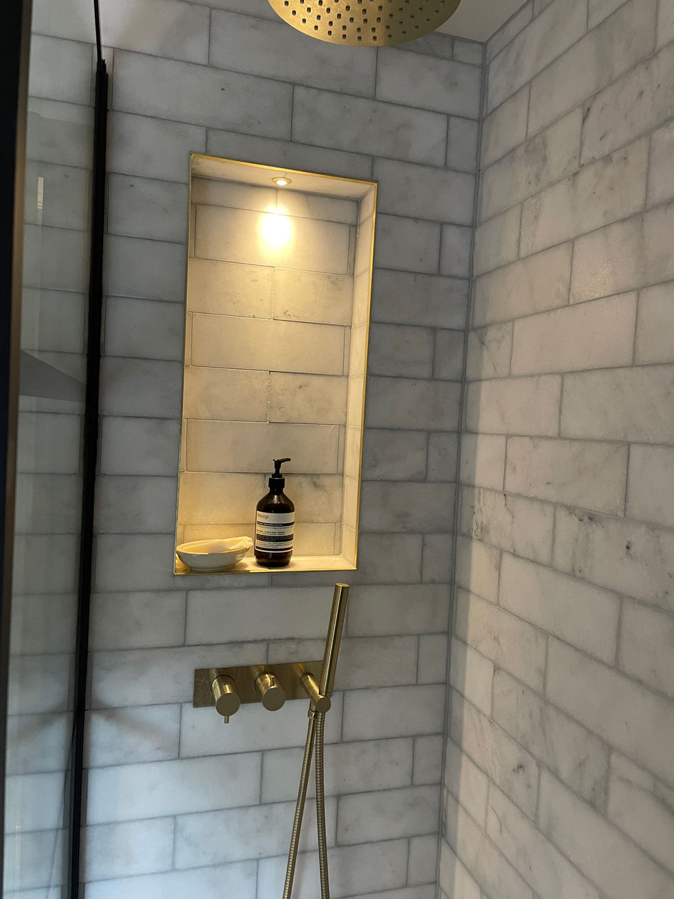 Small en-suite, bathroom, design, dressing area, green bathroom, wet room, pink bathroom, compact bathroom, brass shower, bathroom design Chobham, bathroom designer Chobham, bathroom design Woking, Bathroom designer Woking, Bathroom Designer Surrey, Bathroom design Chobham Surrey,