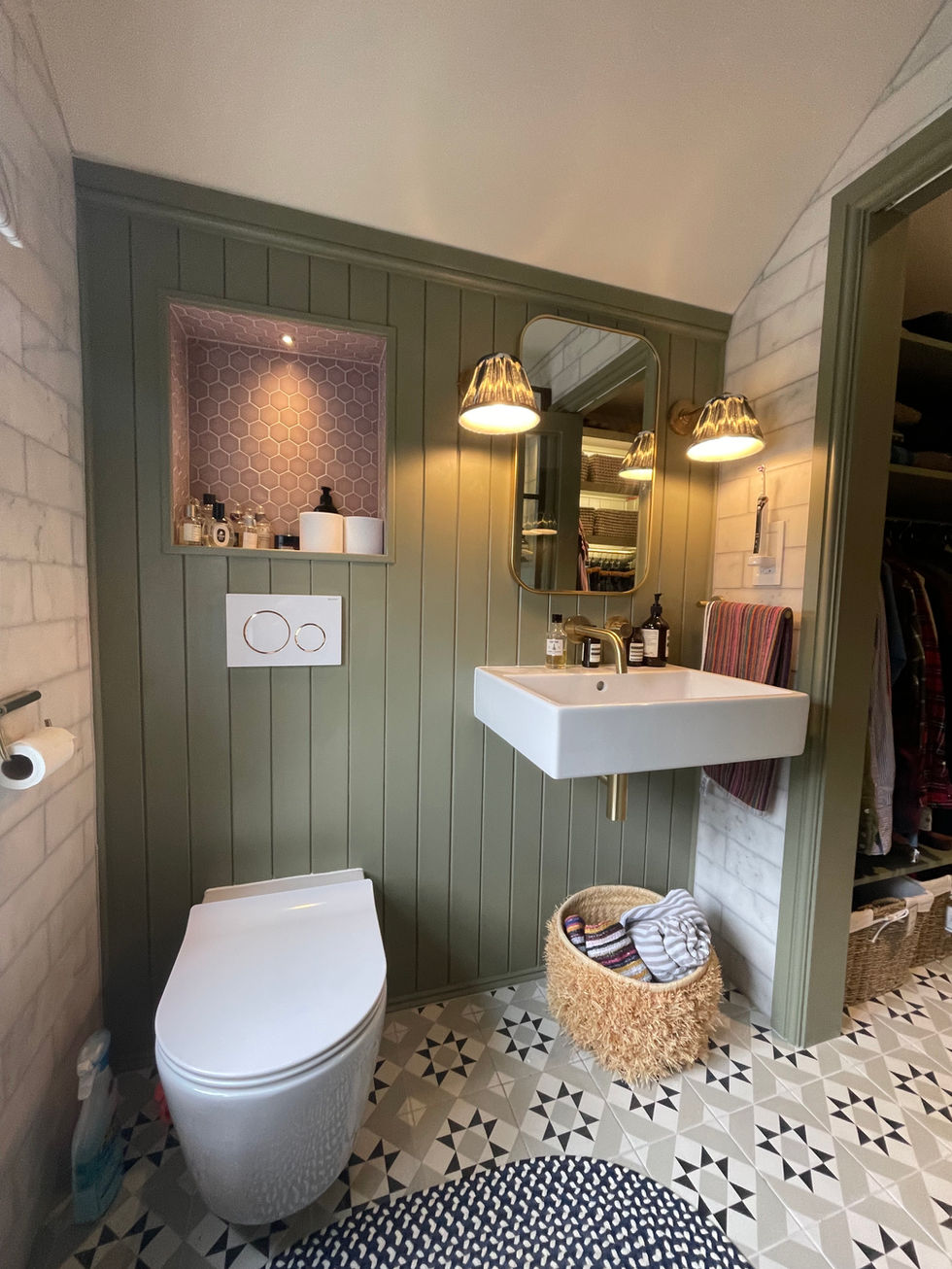 Small en-suite, bathroom, design, dressing area, green bathroom, wet room, pink bathroom, compact bathroom, brass shower, bathroom design Chobham, bathroom designer Chobham, bathroom design Woking, Bathroom designer Woking, Bathroom Designer Surrey, Bathroom design Chobham Surrey,