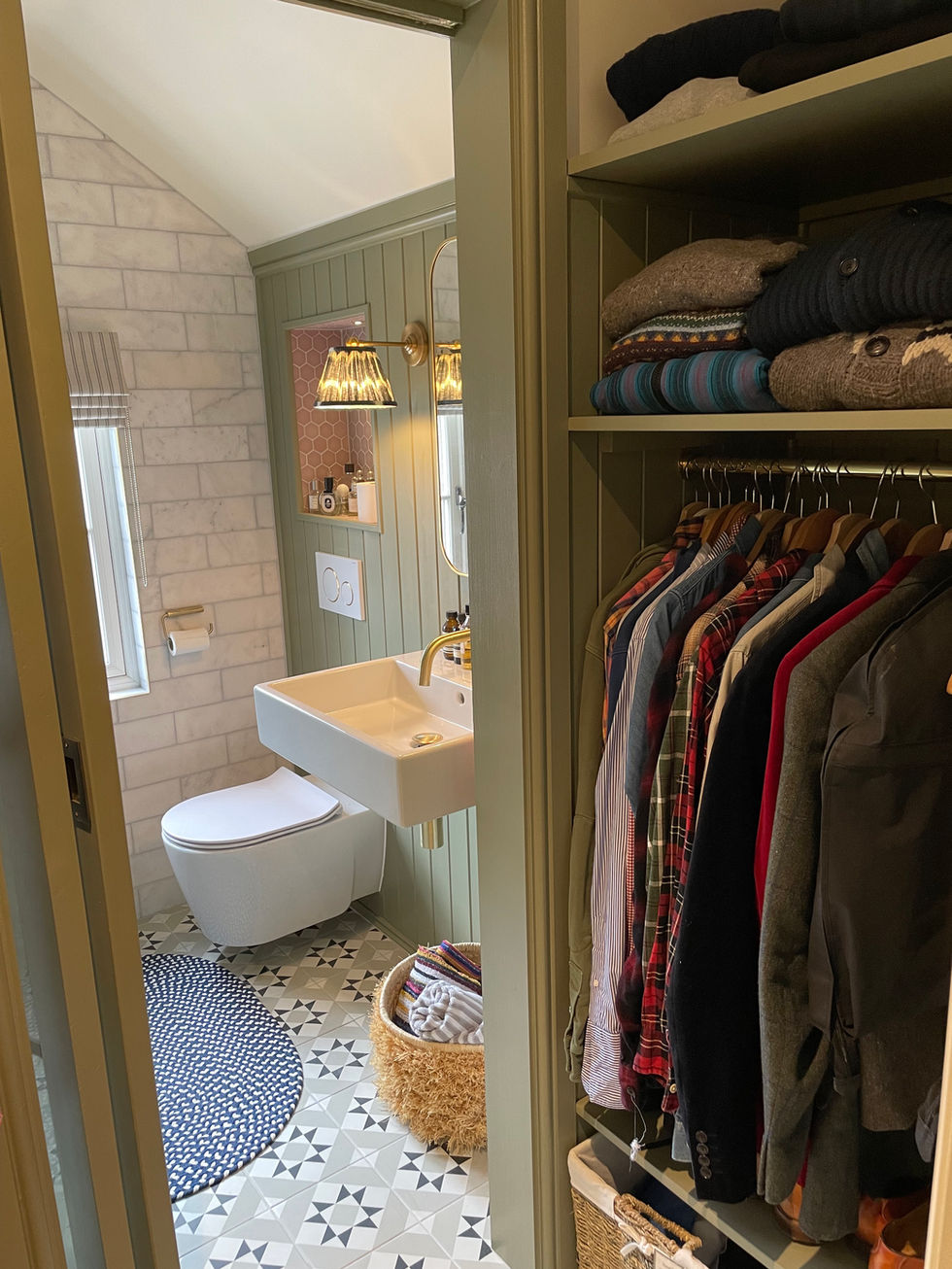 Small en-suite, bathroom, design, dressing area, green bathroom, wet room, pink bathroom, compact bathroom, brass shower, bathroom design Chobham, bathroom designer Chobham, bathroom design Woking, Bathroom designer Woking, Bathroom Designer Surrey, Bathroom design Chobham Surrey,