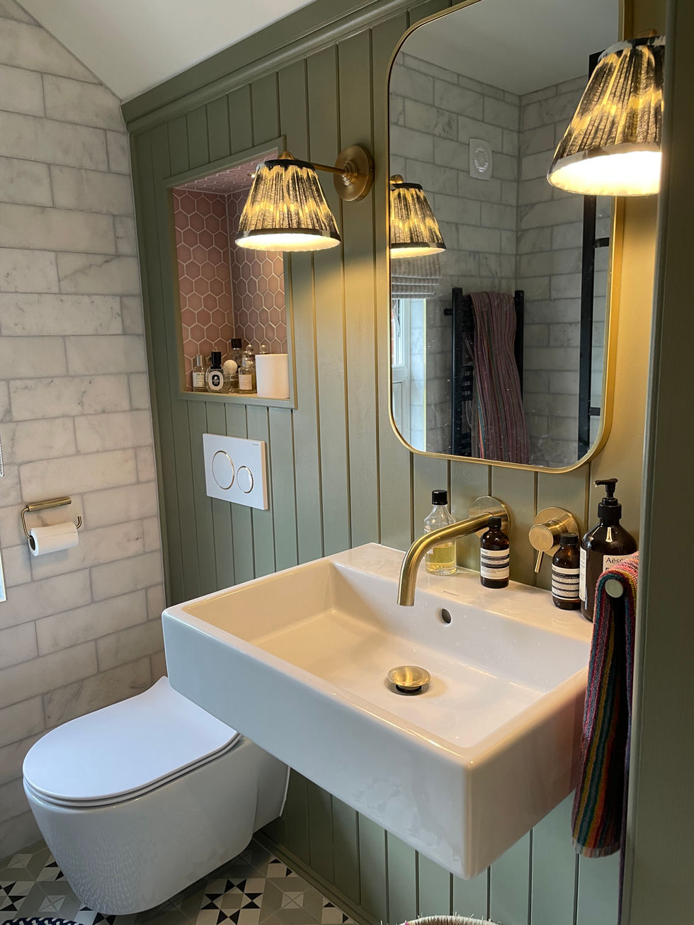Small en-suite, bathroom, design, dressing area, green bathroom, wet room, pink bathroom, compact bathroom, brass shower, bathroom design Chobham, bathroom designer Chobham, bathroom design Woking, Bathroom designer Woking, Bathroom Designer Surrey, Bathroom design Chobham Surrey,