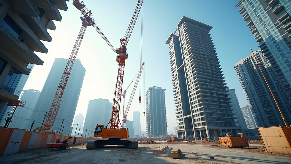 Eye-level view of a modern real estate development site with cranes and buildings