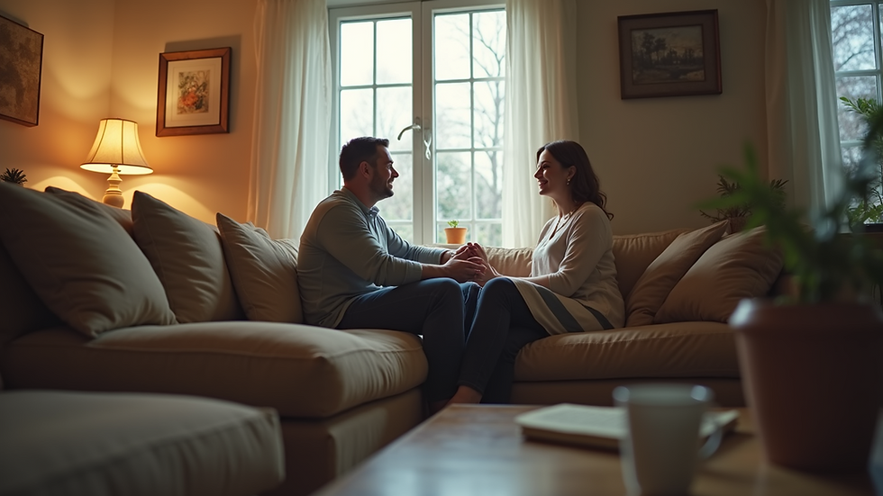 Eye-level view of a couple sitting together and talking in a cozy living room